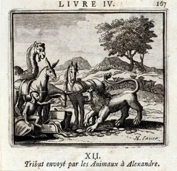 Tribut der Tiere an Alexander. Fabeln von Jean de La Fontaine. Illustration von François Chauveau. Ausgabe von 1728.