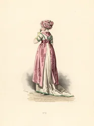 Frau im weißen Kleid und Korsage mit grünem Besatz, rosa Schürze