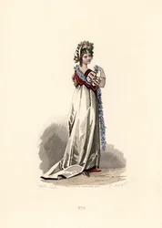 Frau in weißem Kleid mit schwarzem Samtbesatz.