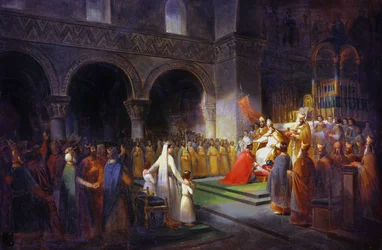 Krönung von Pippin dem Kurzen in der Abtei Saint-Denis