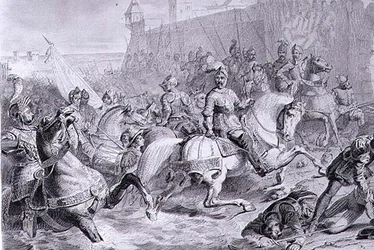 Die Einnahme von Calais durch Franz, 2. Herzog von Guise (1519-63) im Jahr 1558, gestochen von Amedee Felix Barthelemy Geilee