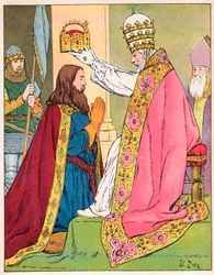 Karl der Große (742-814), am 25. Dezember 800 von Papst Leo III. (ca. 750-816) im Petersdom in Rom gekrönt - Weihe (Krönung) Karls des Großen (742-814) im Jahr 800 durch Papst Leo III. - Illustration von François Zier (1856-1924) aus „Unser nationaler
