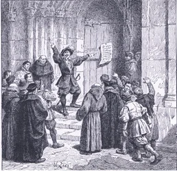 Robert Aske befestigt seine Proklamation an der Tür der York Minster, aus Cassells Geschichte des britischen Volkes, veröffentlicht von der Waverley Book Company, ca. 1950er Jahre