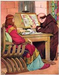 Der König der Franken Karl der Große (742-814) spricht mit Alkuin (731-804), englischer Mönch aus York, Vorreiter der Schulreform, Aachen 782