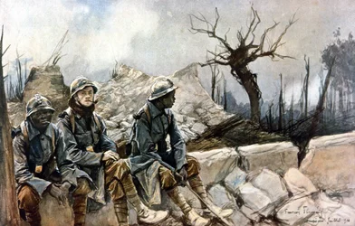 3 französische Soldaten vor den Ruinen der Kirche von Dampierre. Krieg 1914 - 1918 (Gemälde von Francois Flameng)