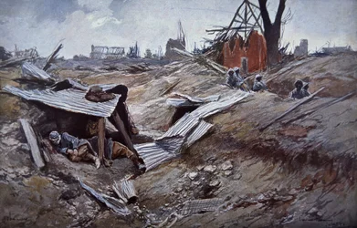 Erste Schlacht an der Somme, Juni - September 1916: Französische Truppen im zerstörten Dorf Dompierre