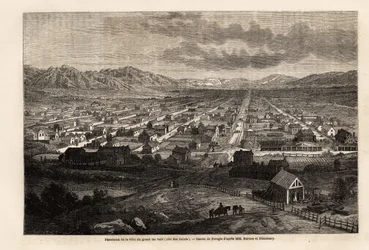 Panorama der Stadt des großen schmutzigen Sees, Zitat der Heiligen (Utah), Zeichnung von Ferogio, zur Illustration von Richard Burtons Reise in die Stadt der Heiligen, Hauptstadt des Landes der Mormonen, 1860. Gravur in „Le tour du monde“, herausgegeben v