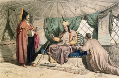 Ein Kalmuk-Hohepriester mit seinem Ghepi, Illustration aus 