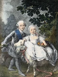 Der Graf von Artois als Kind (zukünftiger König Karl X.) (1757-1836) und seine Schwester Marie Clotilde Xavière (zukünftige Königin von Sardinien) (1759-1802) - dargestellt im Jahr 1764. Gravur aus dem 19. Jahrhundert nach dem Gemälde von François Hubert D