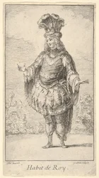 Habit de Roy: ein Mann trägt ein Tonnelet, dekoriert mit Rosetten, eine Krone und einen Turban, ca. 1721
