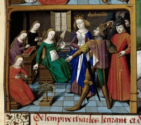 Szenen aus dem Leben Karls des Großen: der Kaiser besucht Frauen, die Wolle spinnen