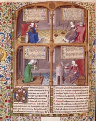 Die vier Kardinaltugenden: Klugheit, Stärke, Mäßigung und Gerechtigkeit. Seite aus einem Manuskript von Seneca, illuminiert vom Meister François