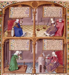 Die vier Kardinaltugenden: Klugheit, Stärke, Mäßigung und Gerechtigkeit. Seite aus einem Manuskript von Seneca (Lucius Annaeus Seneca, 4 v. Chr.-65 n. Chr.)