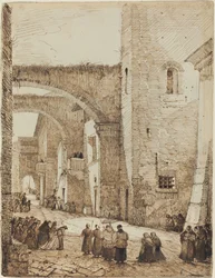 Ein Priester, der durch eine mittelalterliche Straße in Viterbo zieht