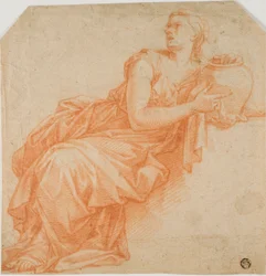 Verhüllte Frau mit Urne
