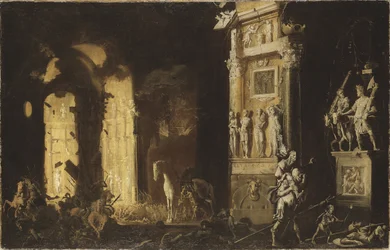 Der Brand von Troja mit Aeneas, der Anchises trägt, von François de Nome