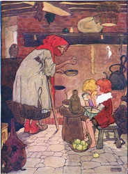 Sie führte sie hinein und gab ihnen ein schönes Abendessen, aus Hänsel und Gretel, veröffentlicht von Blackie & Son Limited, ca. 1940