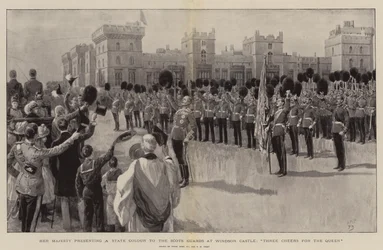 Ihre Majestät überreicht eine Staatsfahne an die Scots Guards im Windsor Castle, Drei Hochs auf die Königin
