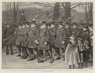 Auf dem Weg zum Empfang Ihrer Majestät, die Yeomen der Garde marschieren die Mall hinunter