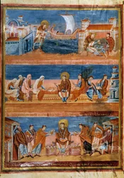 Heiliger Hieronymus verlässt Rom und bezahlt seinen Lehrer in Jerusalem (oben), arbeitet mit seinen Schreibern (Mitte) und verteilt die Vulgata (unten). Miniatur in „Erste Bibel von Karl dem Kahlen, auch bekannt als Bibel von Vivien“ (Folio 3v), 845-846. B