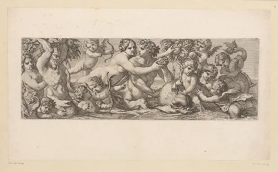 Bacchus mit Satyr, Nereide und Putti im Wasser. Mythologische Figuren am Wasser