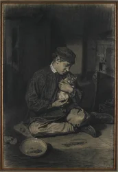 Sitzender Junge mit einer Katze (recto); Studie von Kätzchen und einem Teller Milch (verso), ca. 1874-80