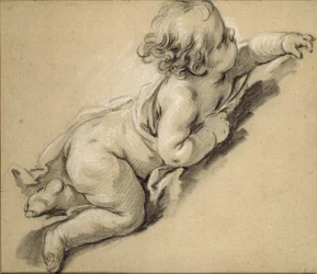 Ein Putto, der sich nach rechts lehnt