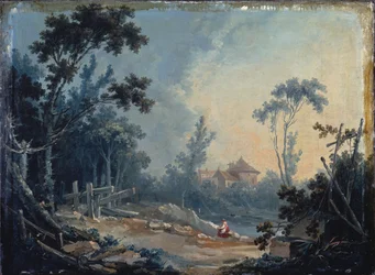 Waldlandschaft mit Gebäuden in der Ferne