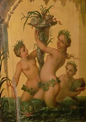 Detail von Sirenen, die ein Füllhorn halten, aus der Staatskutsche von Peter dem Großen