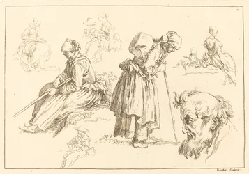 Figurenstudien, darunter Frau mit Kessel
