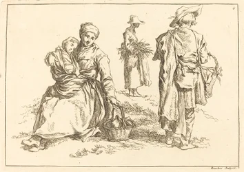 Sitzende Mutter und Kind, zwei stehende Bauern
