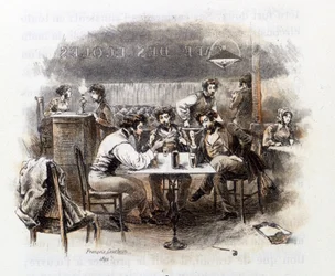 Diskussion zwischen Studenten in einem Pariser Café. Illustration von „Profil einer Grisette“, neu gehörend zur Sammlung „Mimi de Pinson“ von Alfred de Musset
