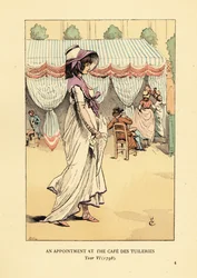 Modische Frau kommt zu einem Termin im Café des Tuileries, Paris, Jahr VI
