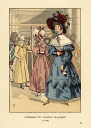Modische Frauen bei einem Theaterstück, Paris. Frau mit großem Hut mit Bändern, Kleid mit hohem Kragen, Spitzenumhang oder Pelerine und weiten Ärmeln en beret. Eintritt in die Comedie Francaise