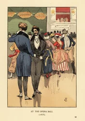 Gecken im Mantel mit Schwänzen, Weste, engen Hosen und weißen Strümpfen. Menschen in Kostümen und Masken hinter ihnen. Beim Opernball 1835