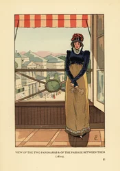 Frau am Fenster mit Blick auf die Panoramen und den Passage des Panoramas, am Boulevard Montmartre, Paris