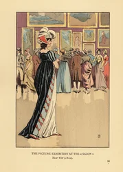 Frau in modischer Kleidung bei der Bilderausstellung im Pariser Salon, Akademie der Schönen Künste, Jahr VIII