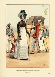 Frau wartet auf eine Postkutsche. Das Treffen der Saint-Cloud-Kutsche