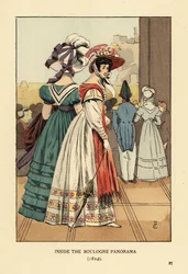 Frauen betrachten das große Stadtbild im Boulogne-Panorama, Boulevard Montmartre, Paris