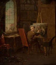 Selbstporträt des Künstlers in seinem Atelier, einen Mahlstock haltend
