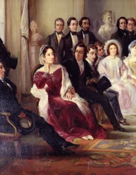 Francois Andrieux (1759-1833) liest seine Tragödie Junius Brutus im Foyer der Comédie Française, 26. Mai 1828 (Detail)