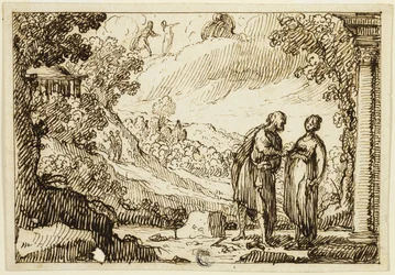 Unidentifizierte mythologische Szene mit Mann und Frau im Gespräch in klassischer Landschaft