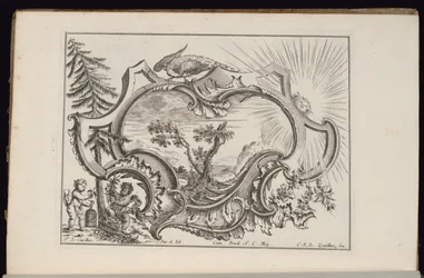 Kartusche mit Vogel und Sonne, Livre de Cartouches Irréguliers (Buch der unregelmäßigen Kartuschen)