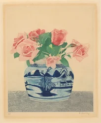 Rosa Rosen in einem Ingwertopf mit chinesischen Dekorationen