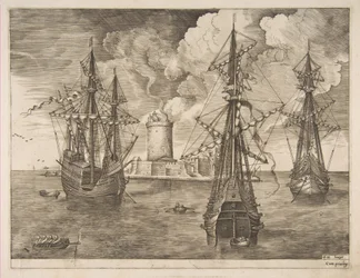 Viermaster links und zwei Dreimaster vor einer befestigten Insel mit einem Leuchtturm verankert, 1561-65