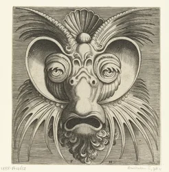 Maske mit Tellern um die Augen und spitzen Zacken auf Wangen und Stirn