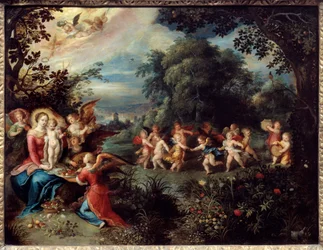 Madonna mit dem Kind in einer Landschaft, umgeben von Musikern und tanzenden Engeln. Gemälde von Frans Le Jeune Franken (1581-1642)