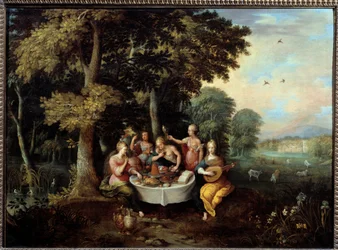 Die fünf Sinne: junge Frauen in einer Landschaft mit Bankett (Geschmack), Musik (Hören), Spiegel (Sehen), Blumenstrauß (Riechen) und Streicheln (Tasten)