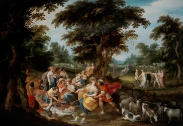 Arkadia: Eine pastorale Landschaft mit Hirten und Hirtin beim Picknick