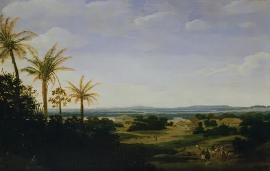 Brasilianische Landschaft mit der portugiesischen Residenz, der Kirche und der Casa Granda, der Fluss Varzea dahinter
